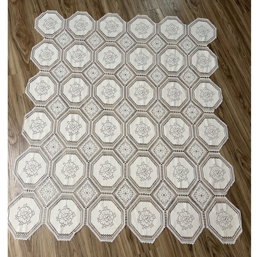 Vintage Handmade Crochet Lace Tablecloth Hexagon Patchwork Floral 60x51 in